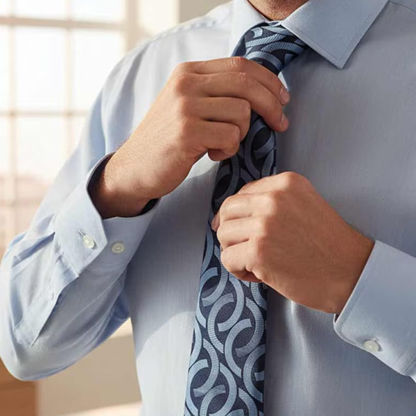 Man adjusting a bold patterned necktie in blue