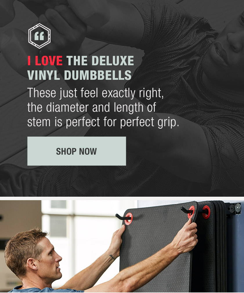 hanging mats and deluxe vinyl dumbbell feature