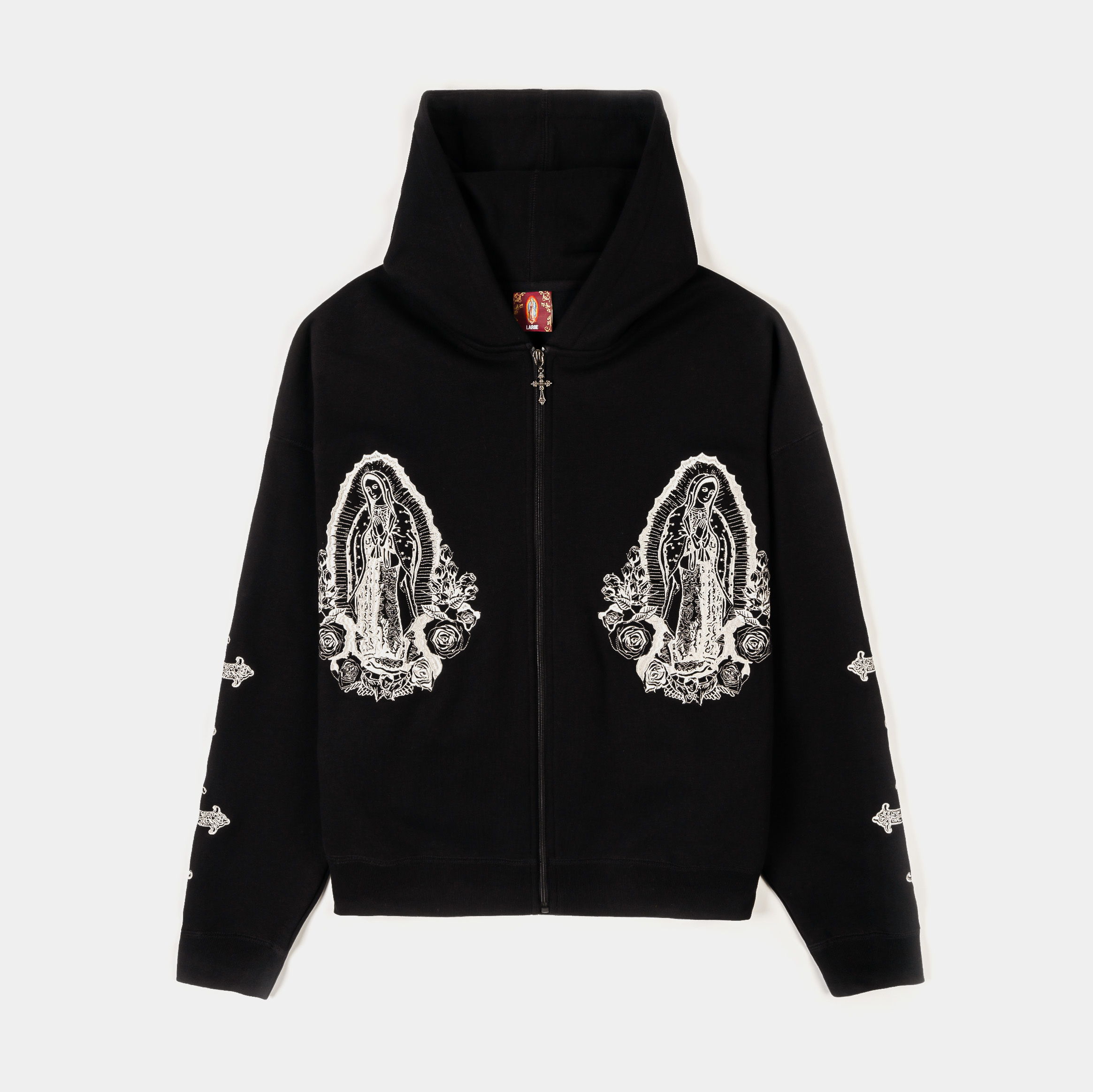 Black zip-up hoodie with embroidered designs on the front and sleeves.