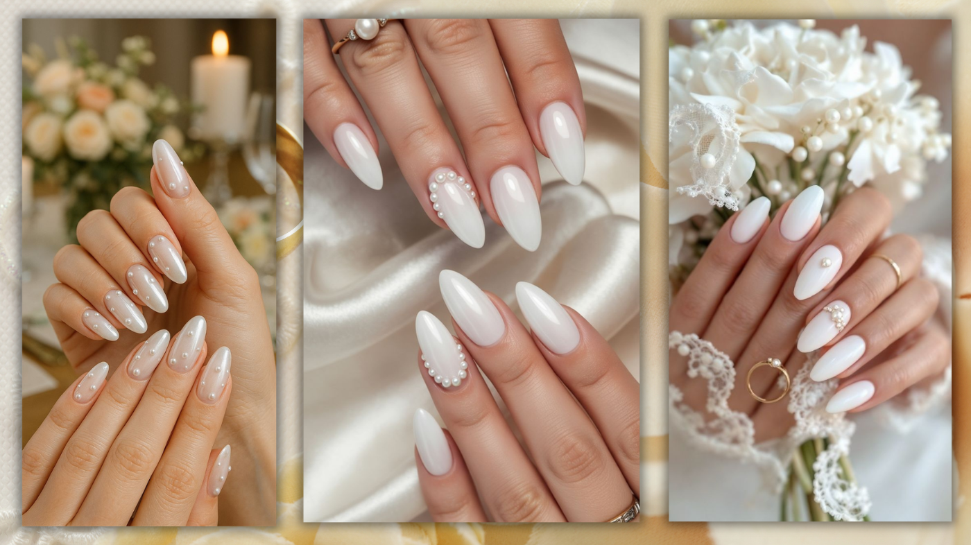 Close-up of bridal manicure with pearlescent nail polish creating a soft luminous glow for wedding season