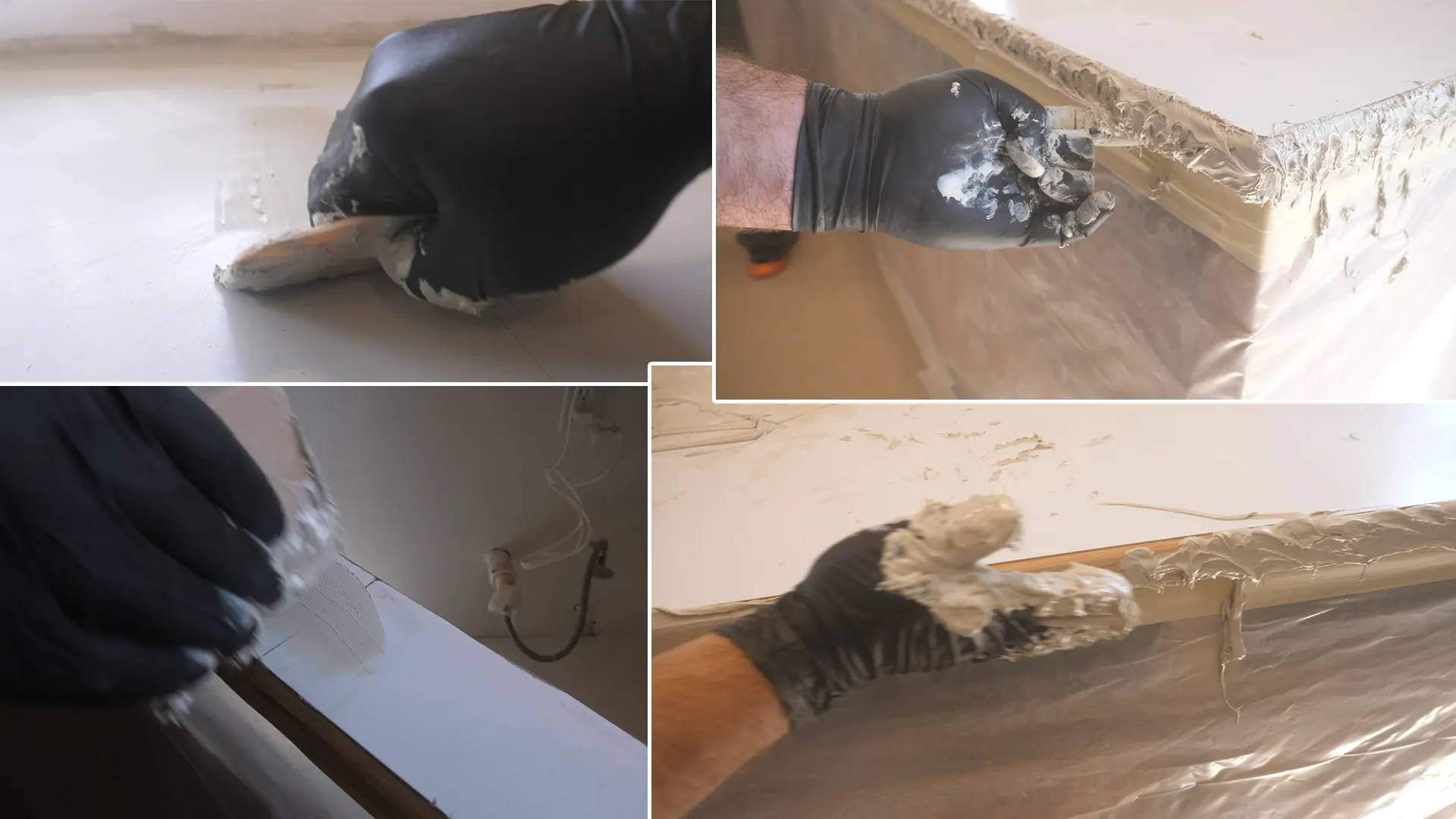 Applying Bondo with a gloved hand to create a textured, rock-like edge on the counters.