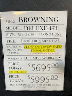 BROWNING DELUXE 49T BROWNING GRAND 33 gun safe exterior with sale price tag on door - SES spring cleaning sale