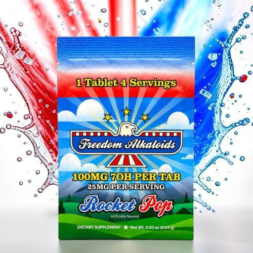 Box of Freedom Alkalinized Rocket Pop tablets with colorful splash background.