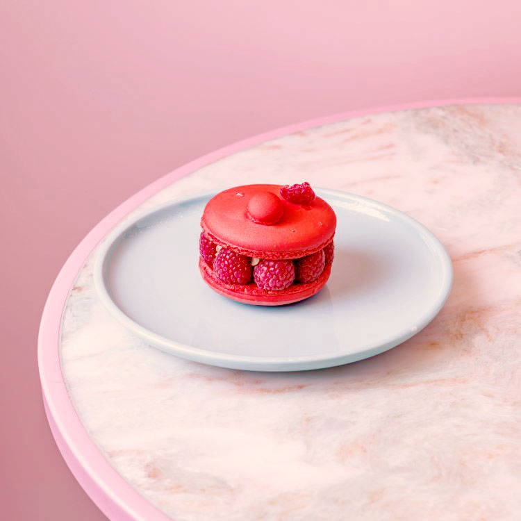 Rose Macaron on a blue plate with fresh raspberries