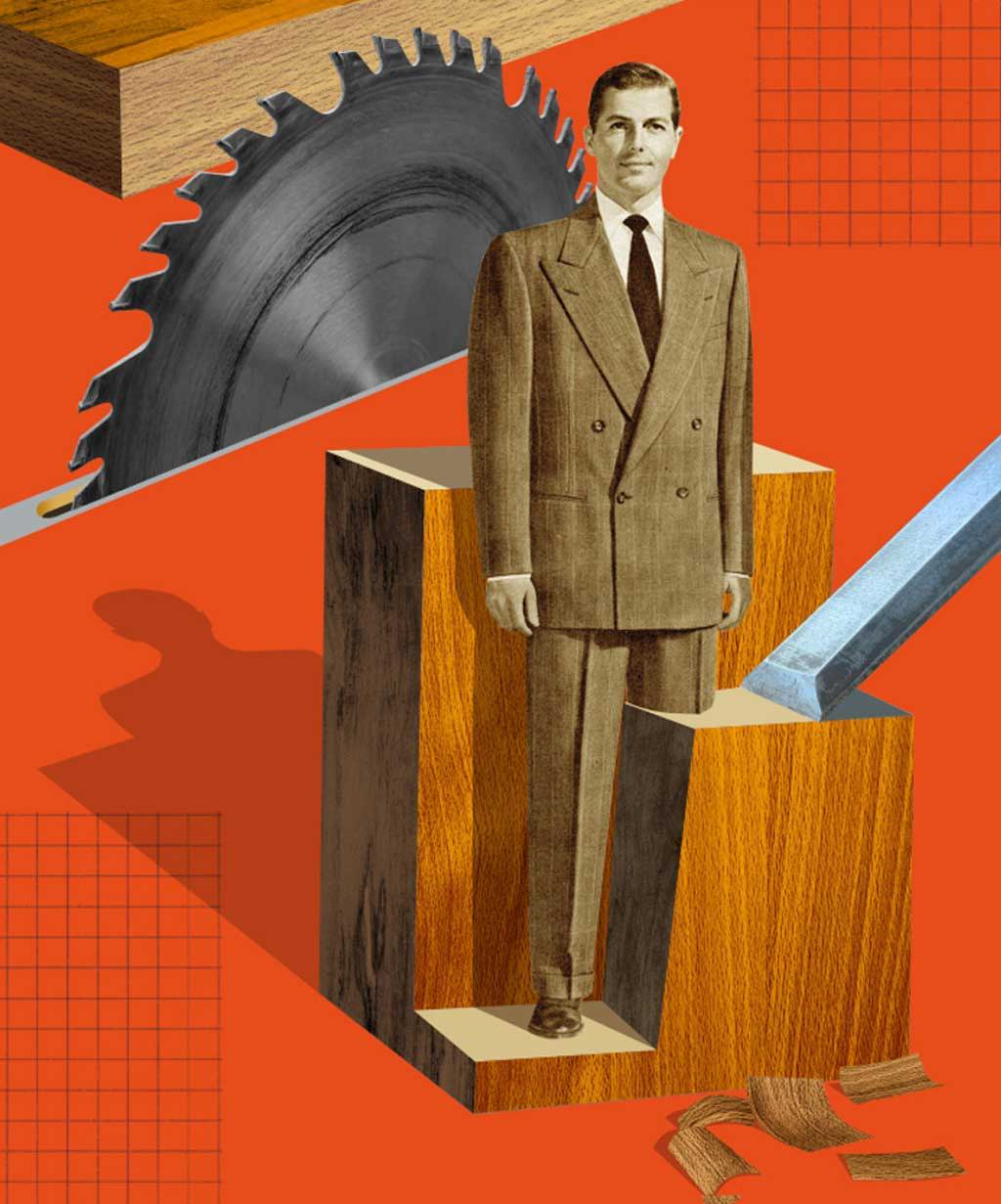 Vintage style editorial collage made in Photoshop featuring businessman on wood chiseled block with round saw blade behind him