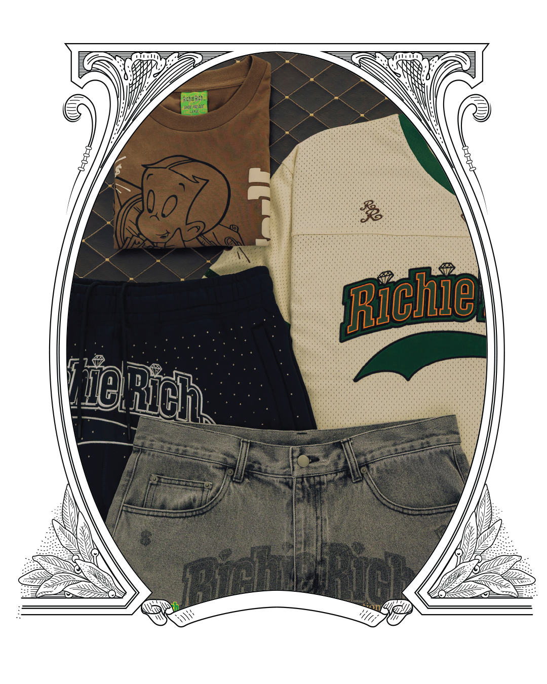 Collection of clothing items, including shirts and shorts with logos.