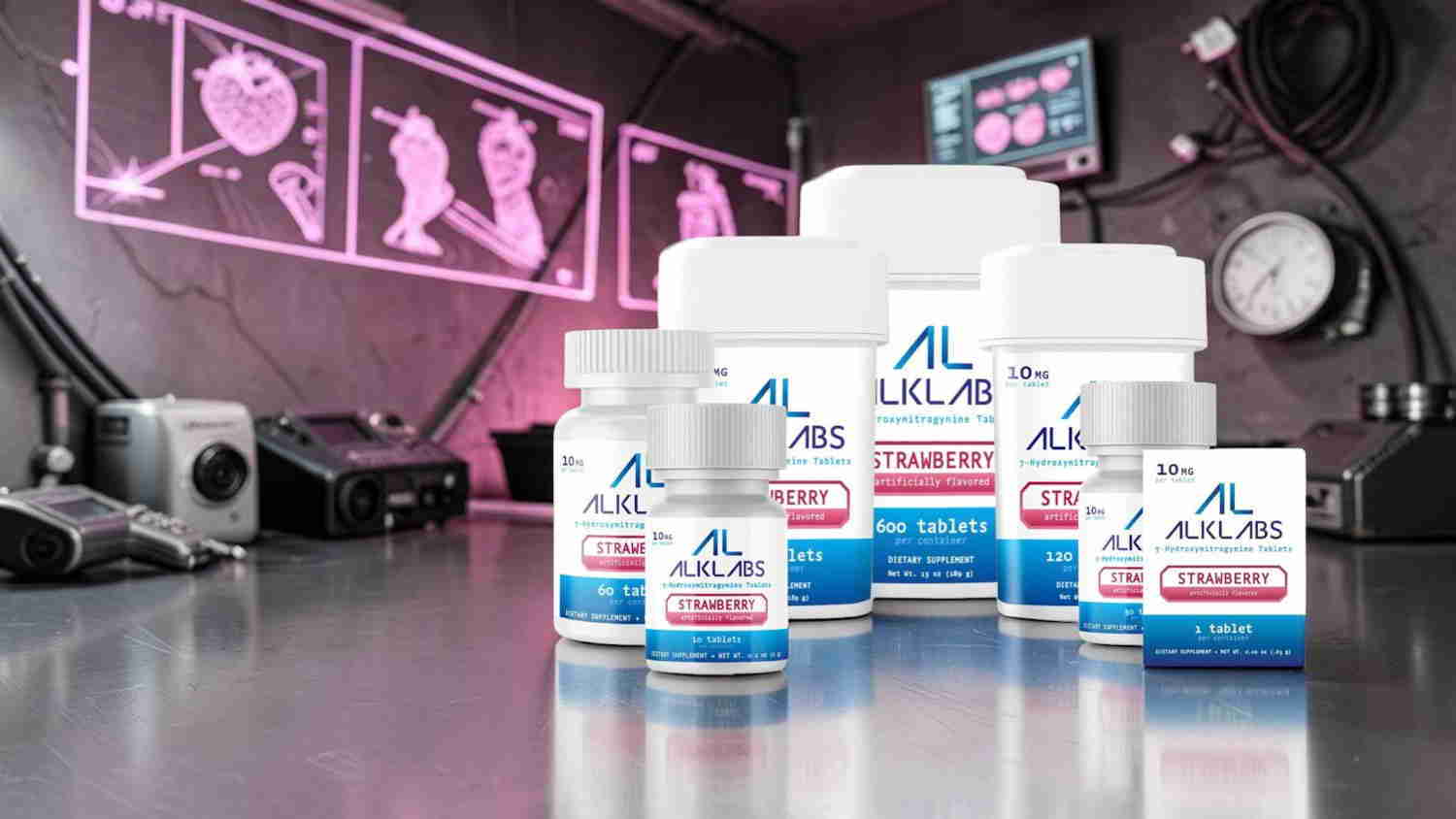 Bottles of medication on a table with medical equipment in the background.