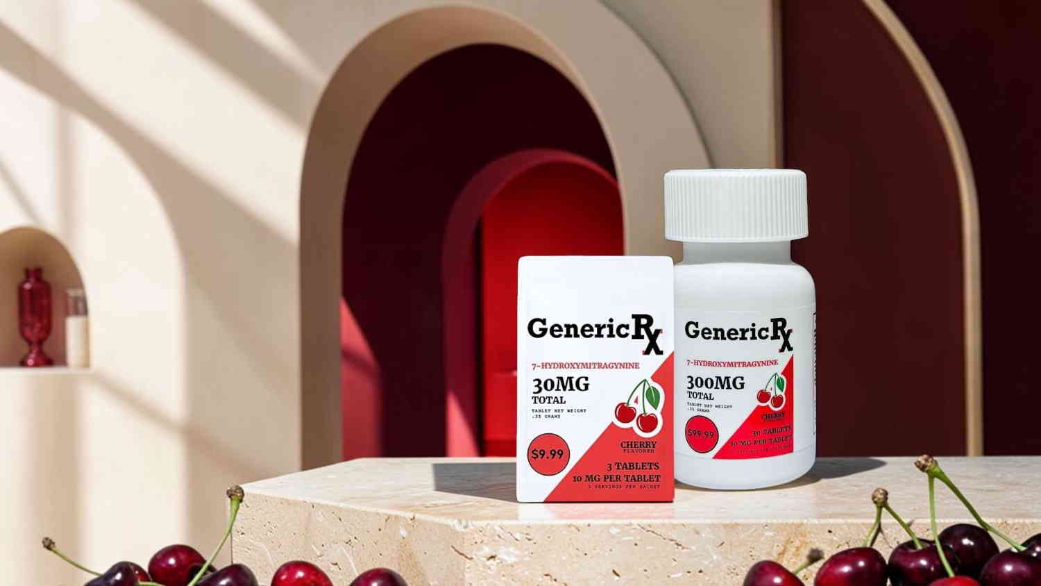 GenericRx medication bottle and box on a decorative surface with cherries.