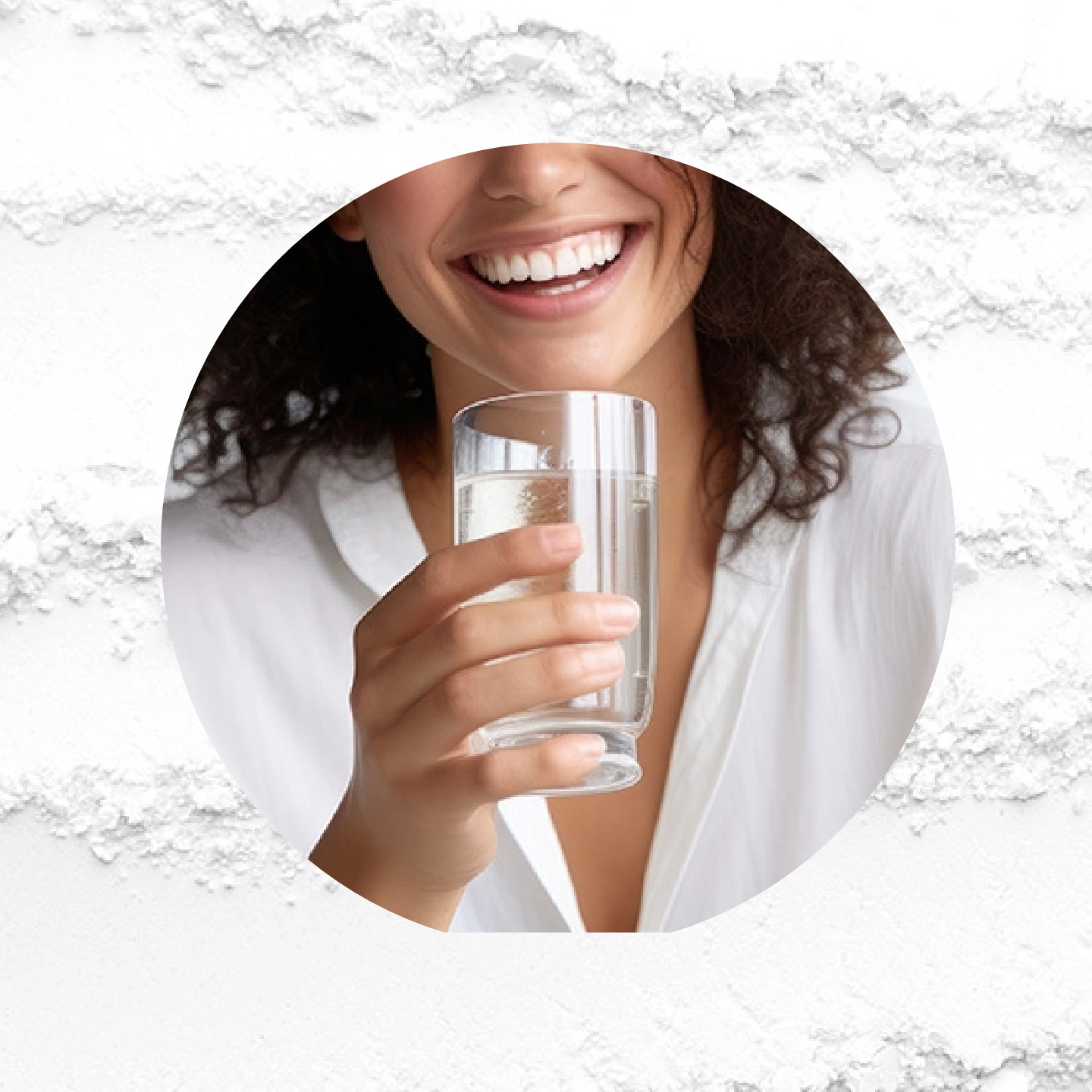 Woman drinking glass of water with Complement Creatine . 
