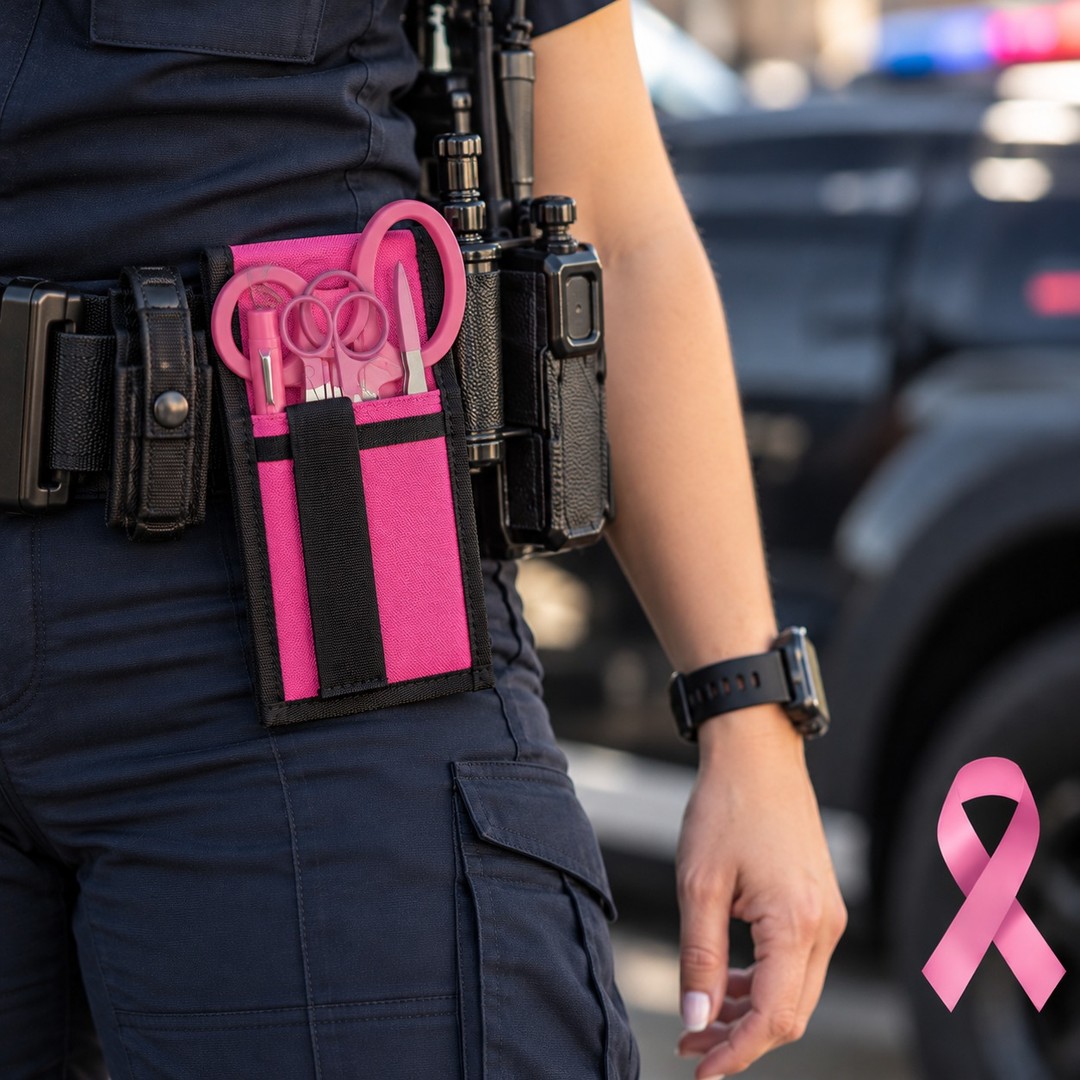 Police officer's belt with pink accessories and a breast cancer awareness ribbon.