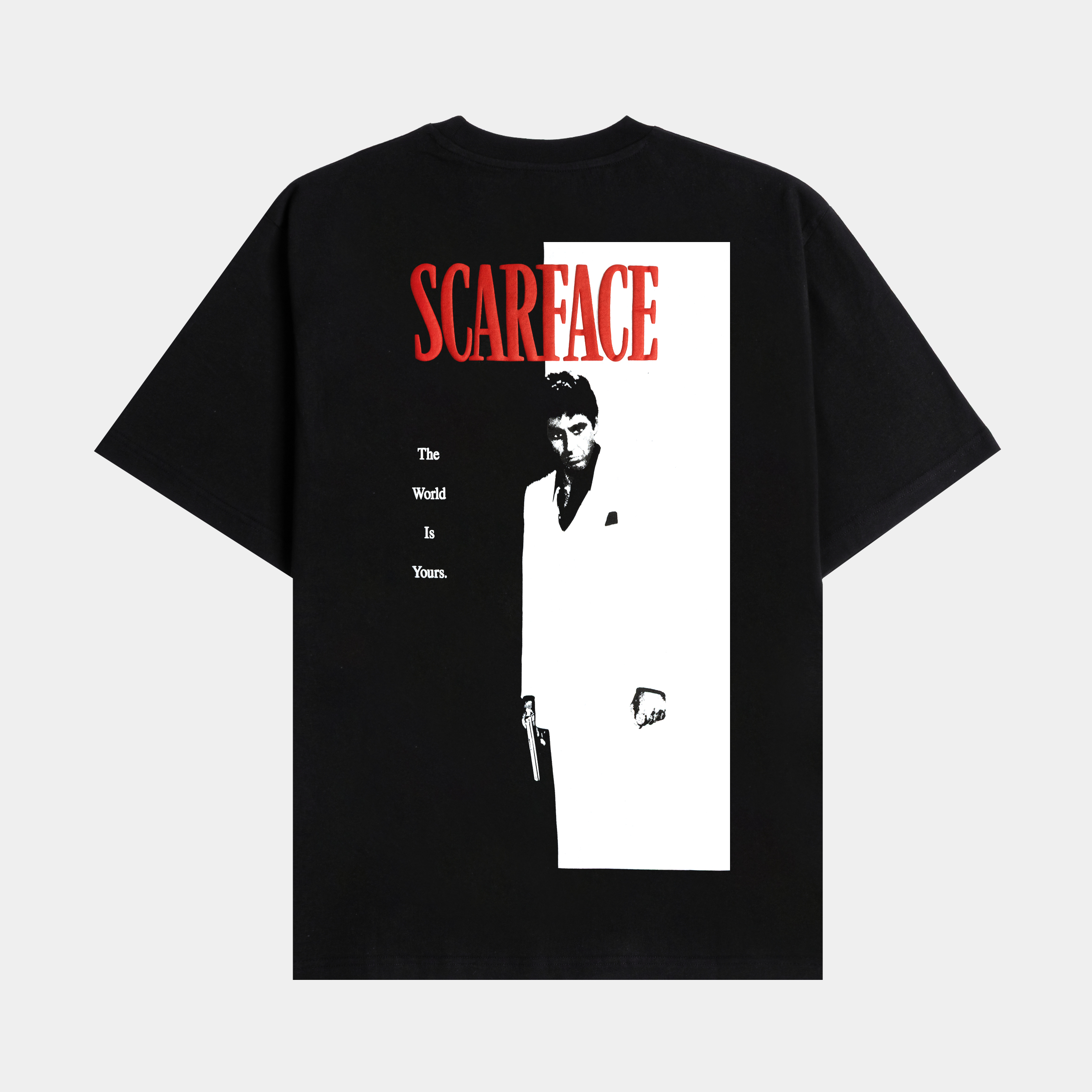 Black t-shirt with red text design on the front.