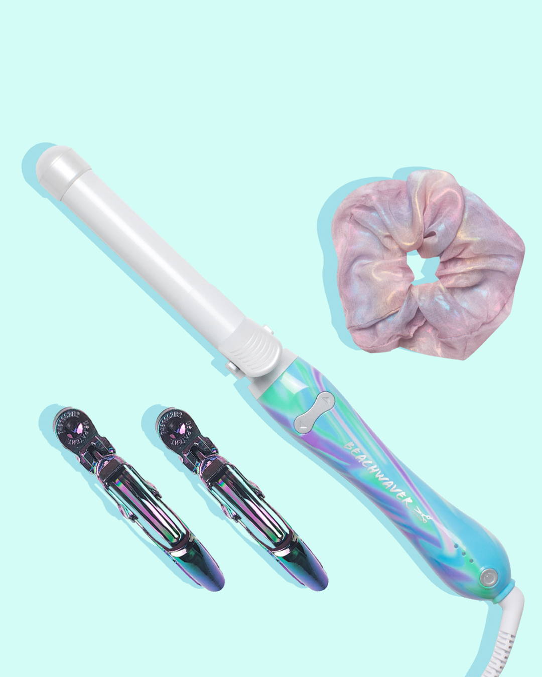 Image of prism collection which includes two Derby clips a beach waver B1 curling iron and a prism jumbo scrunchie.