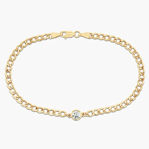 Bezel curb chain bracelet with accenting lab grown diamond in 14k yellow gold