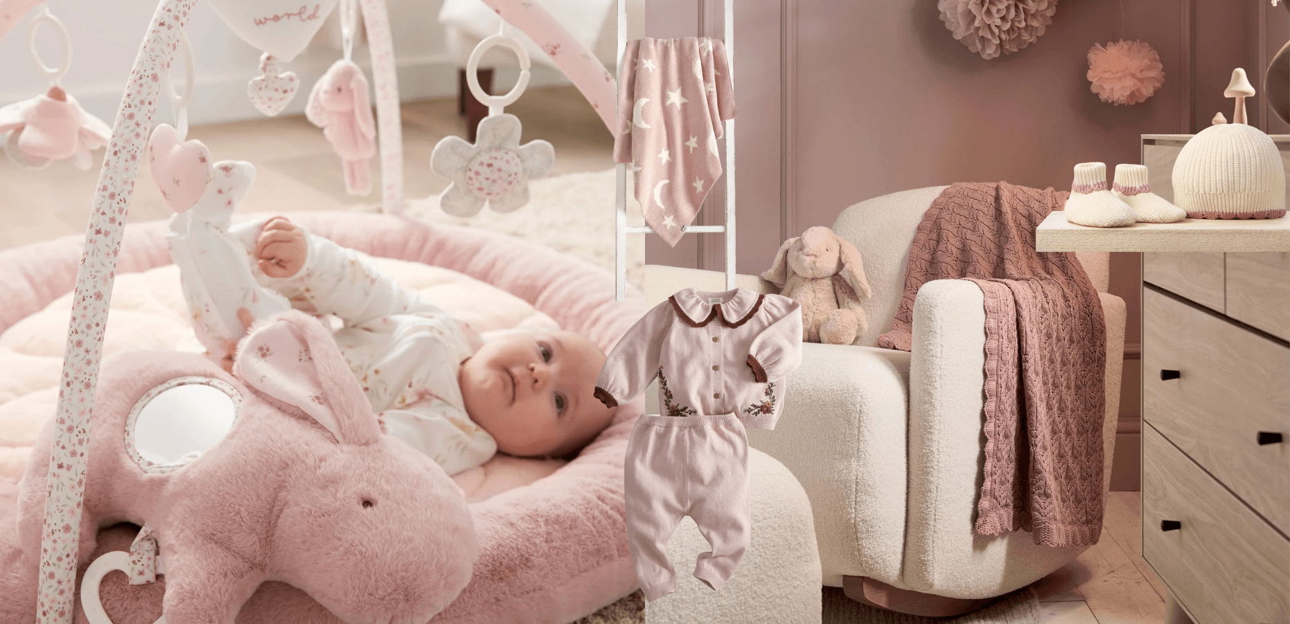 Baby playing on a pink play mat in a cozy nursery.