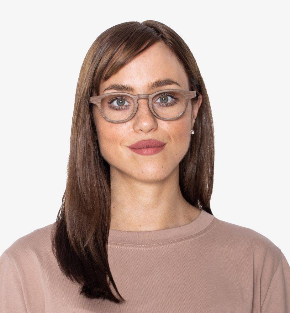 Woman wearing Harmony Brown, Browline Glasses with Blue Light Coating made from Oak Wood