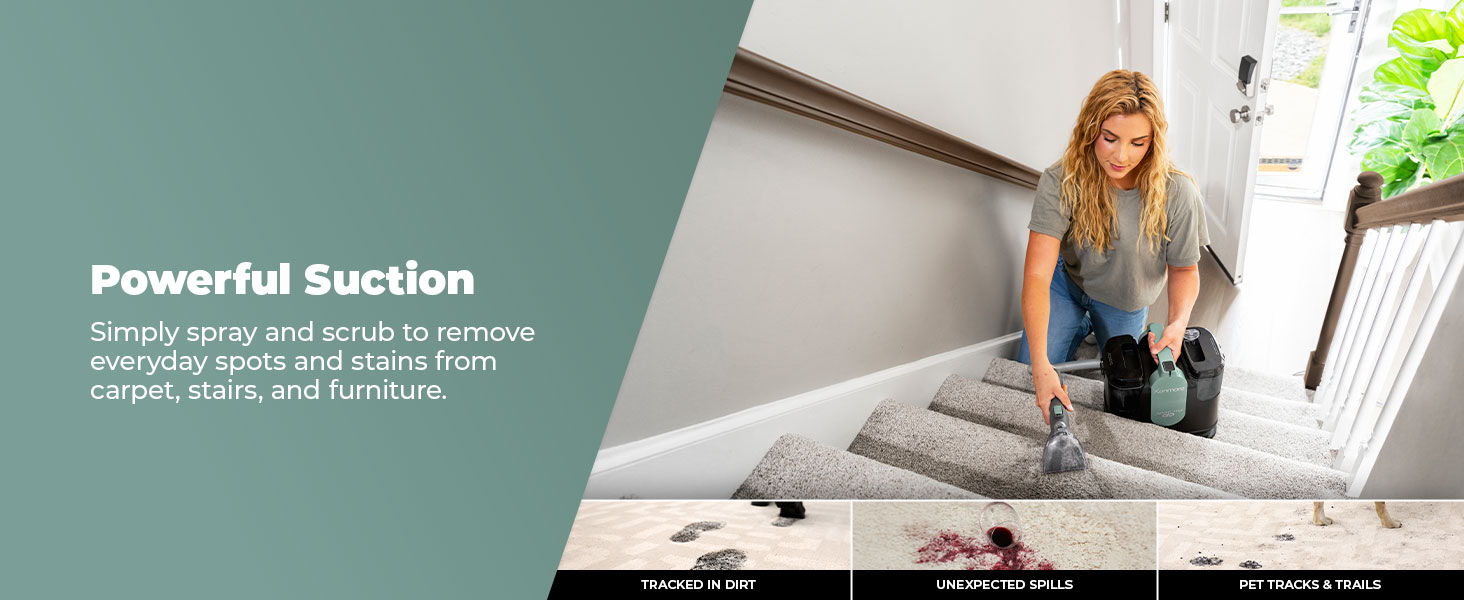 Woman vacuuming stairs with a powerful suction cleaner.