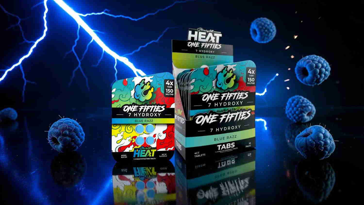 Colorful packaging of energy products against a dark, dynamic background.