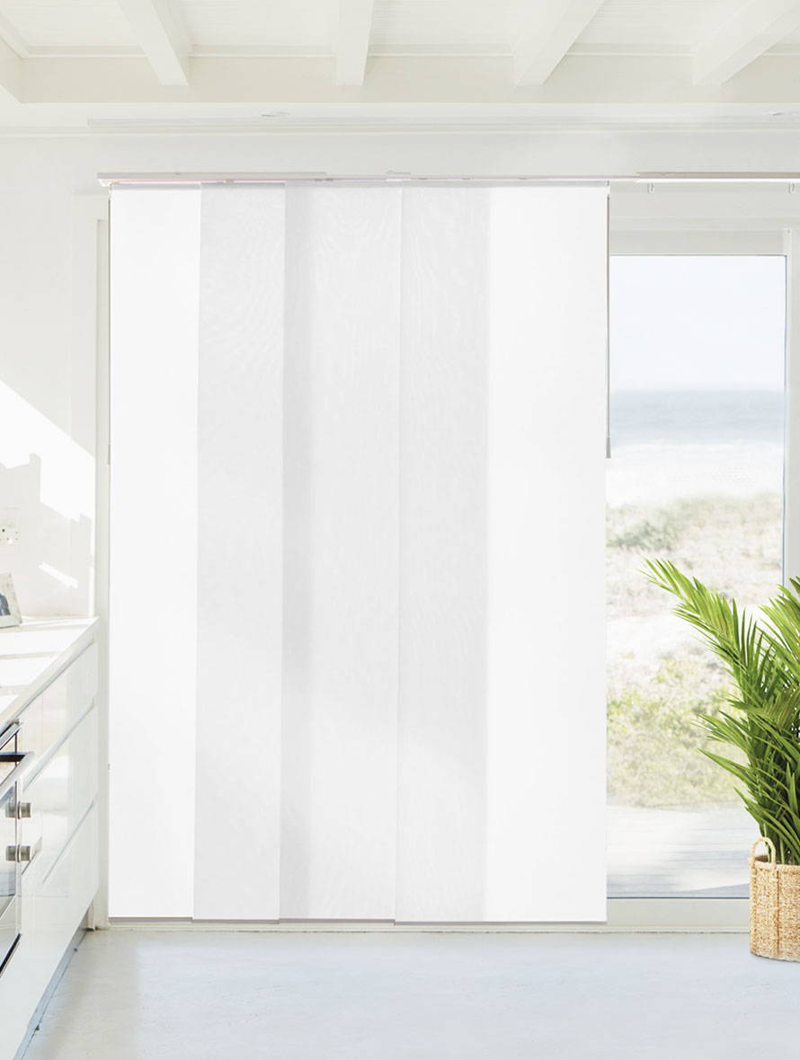 Chicology Adjustable Sliding Panel Blinds - Cloud White Solar Fabric, Up To 80"W X 96"H Cut-to-Fit