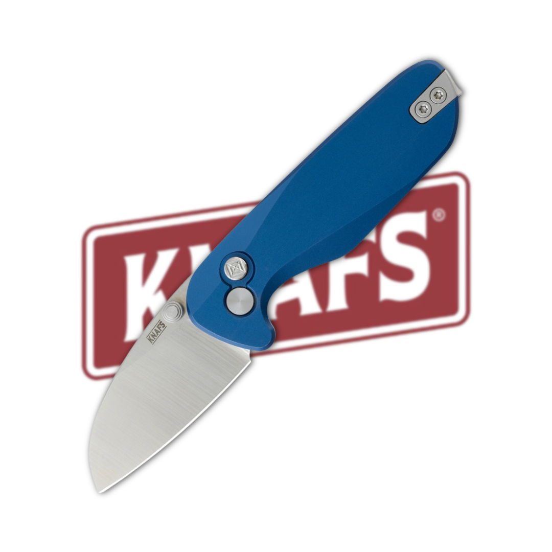 A blue folding knife with a stainless steel blade.