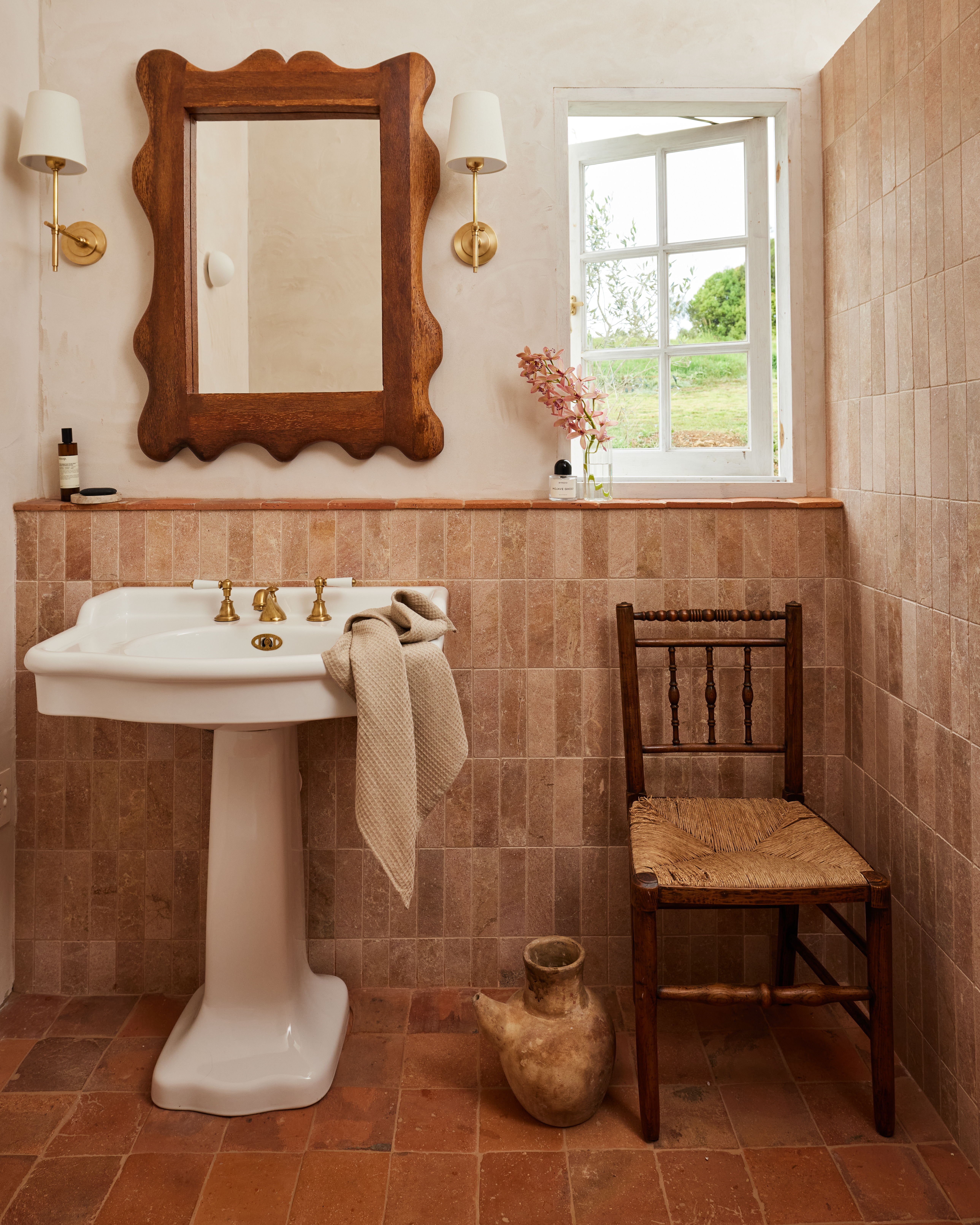 Rustic french style bathroom vanity with shaded wall lights