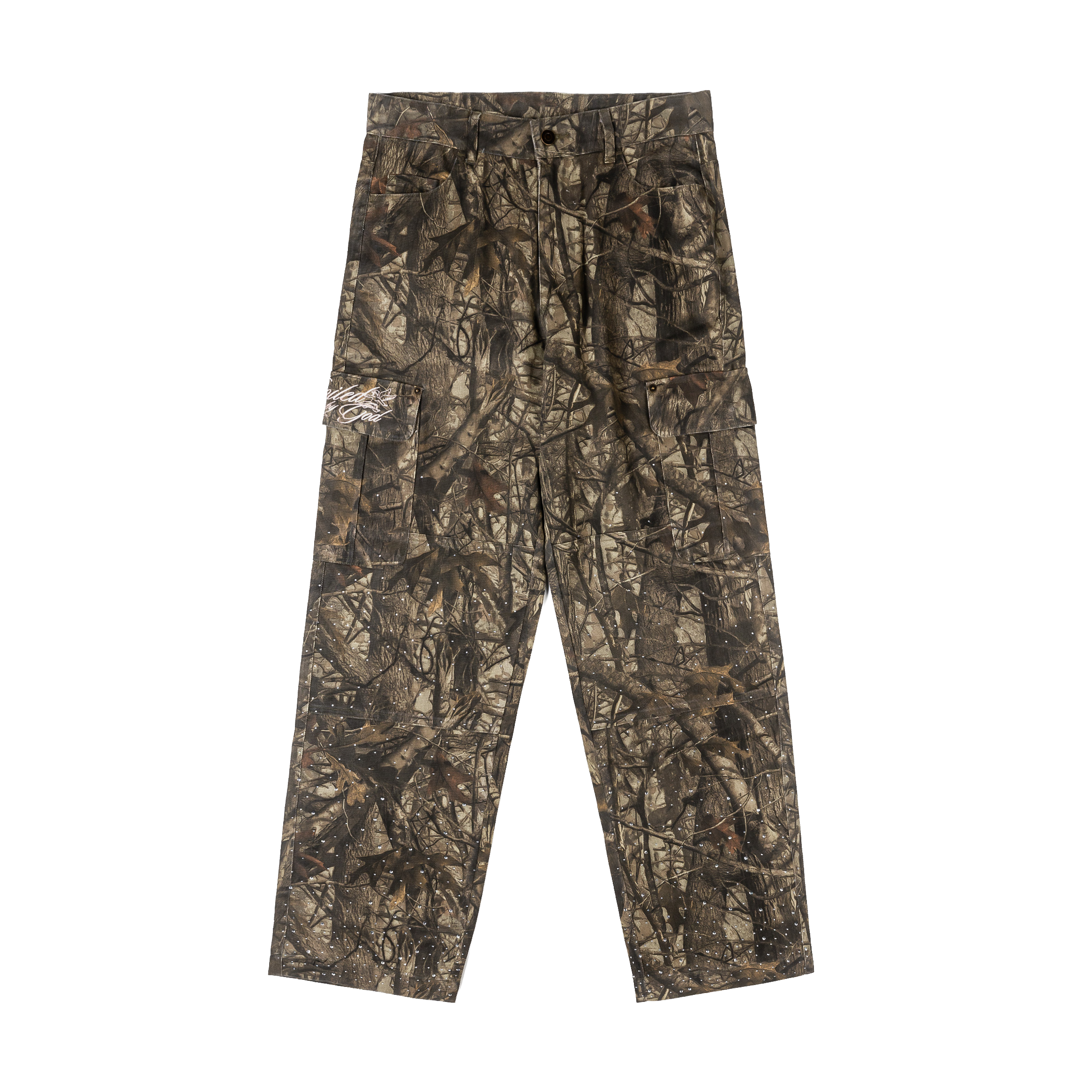 Camo-patterned pants displayed against a plain background.