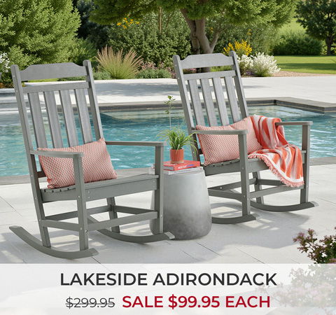 Two gray Adirondack rocking chairs by a pool with sale information.