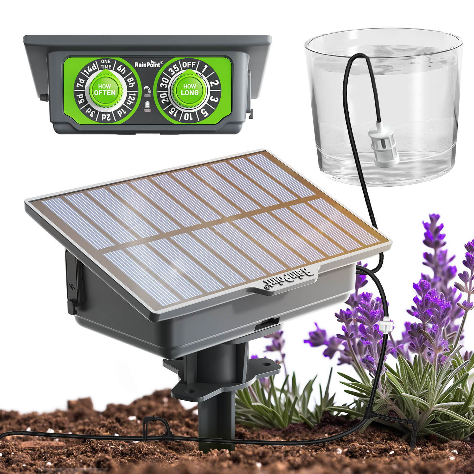Solar-powered garden light with control panel and water reservoir.