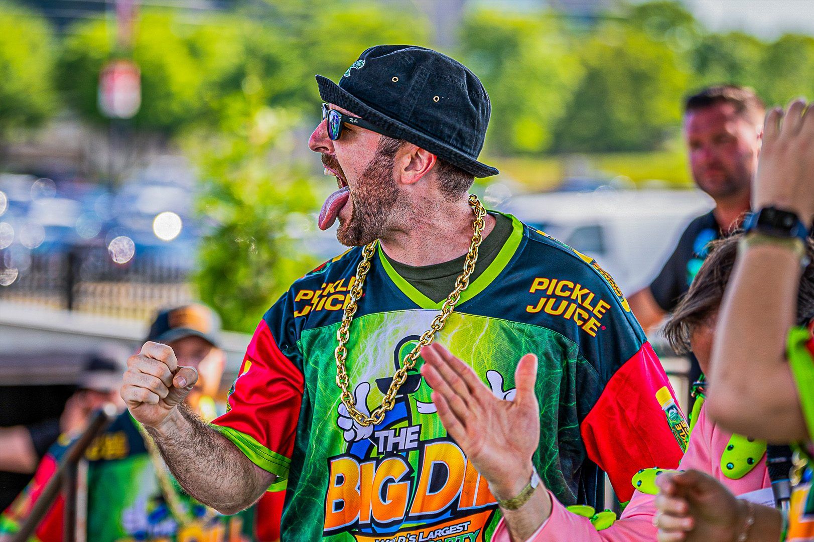 Brine Chug Challenge contestant in custom Big Dill x Pickle Juice jersey at The Big Dill Philadelphia 2024.