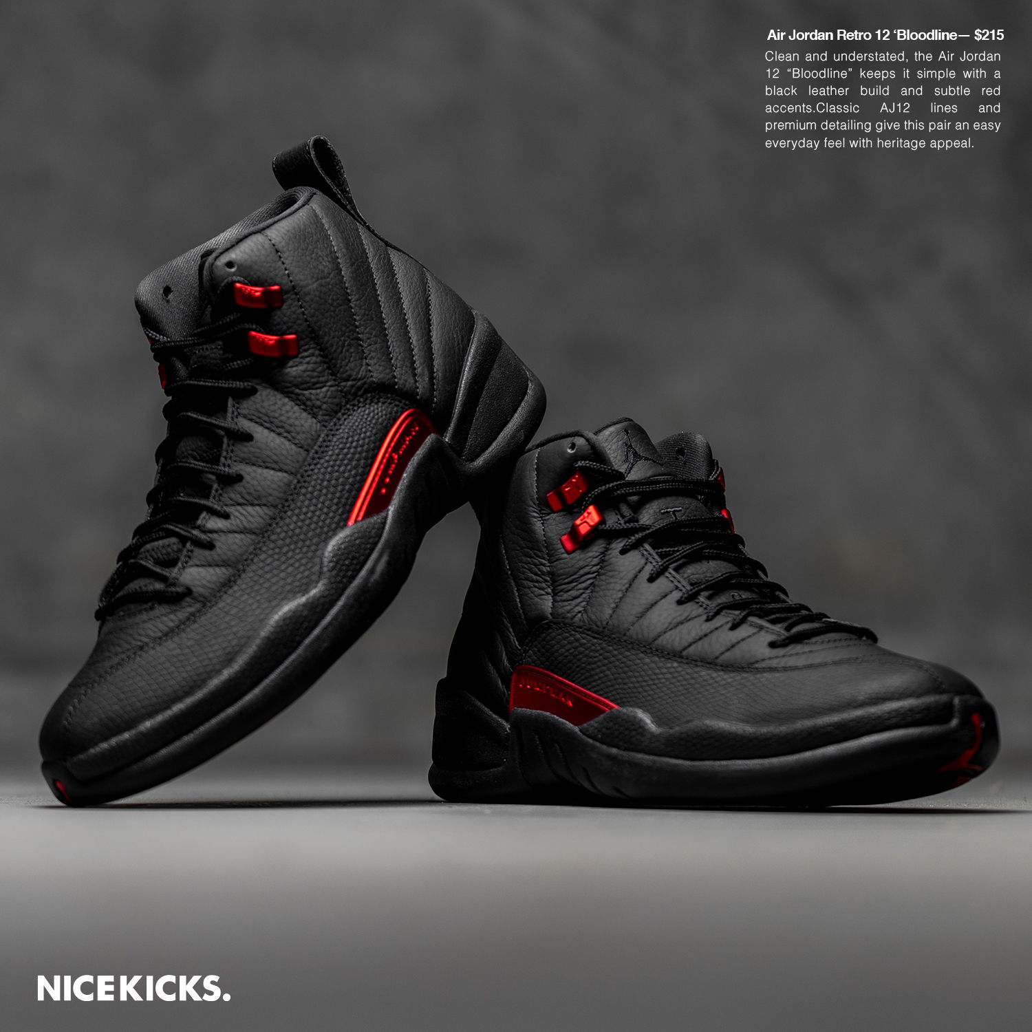 Black and red Air Jordan 12 sneakers displayed on a gray background.