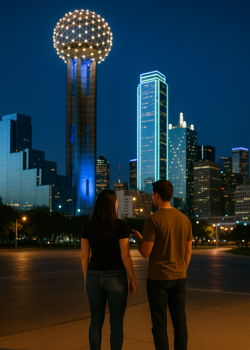 Couple standing together at night with the Dallas skyline and Reunion Tower illuminated in the background.