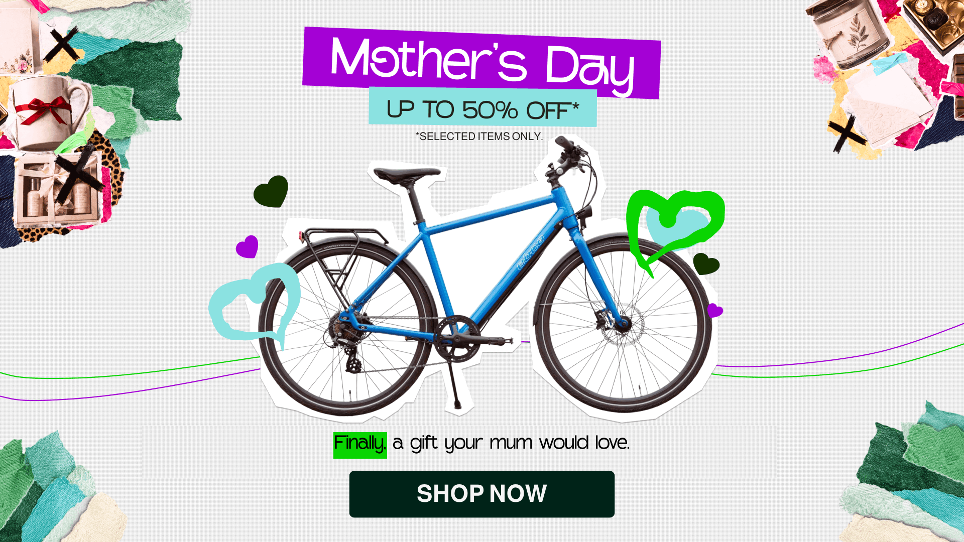 Mother's Day promotion featuring a blue bicycle and discount offer.