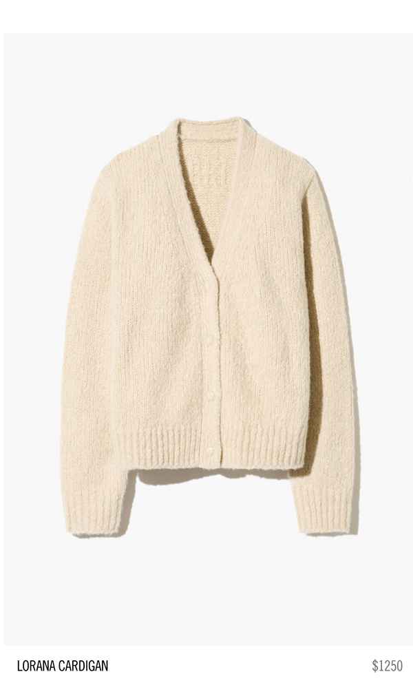 Beige cardigan with a v-neck and buttons, priced at $125.