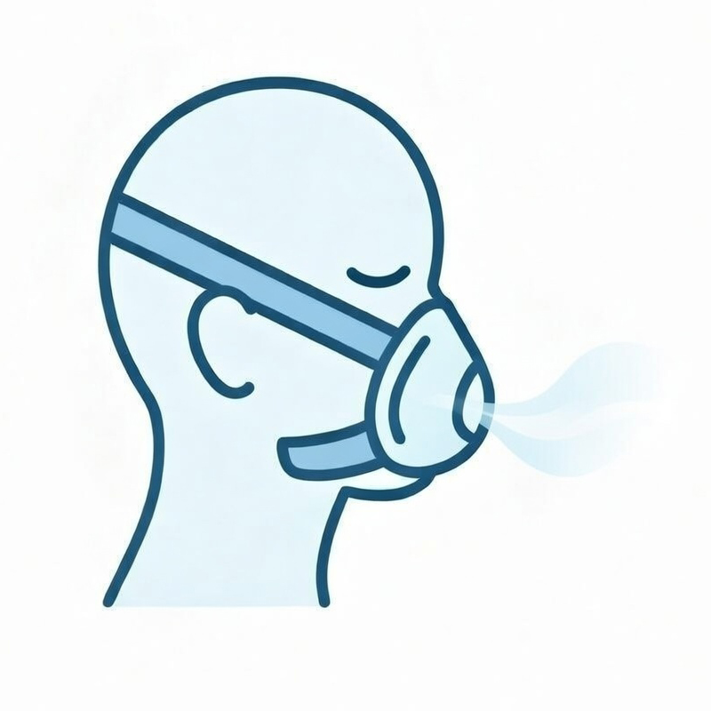 Person wearing a mask, exhaling air, side profile illustration.