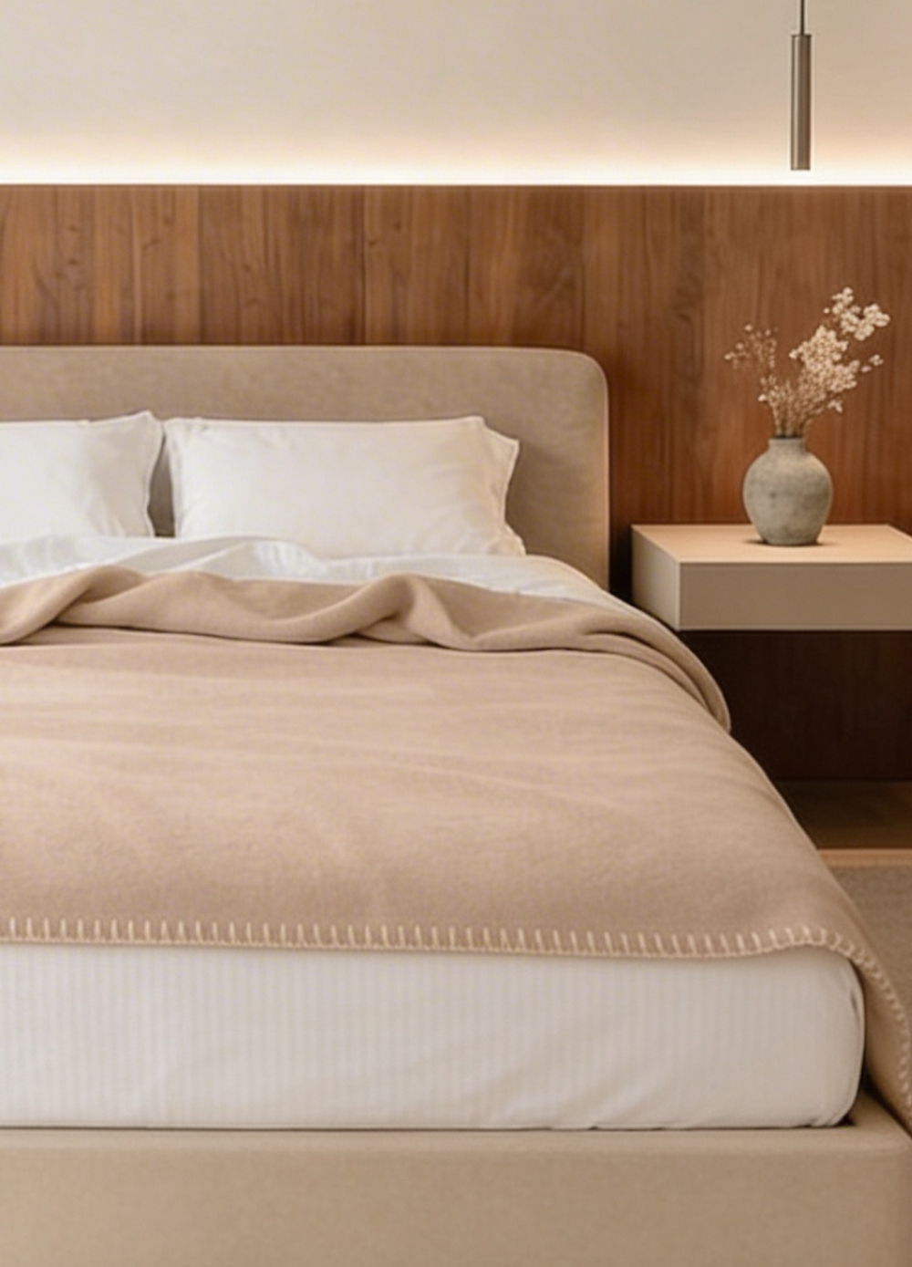 Cozy bedroom with a beige blanket, pillows, and a wooden headboard.