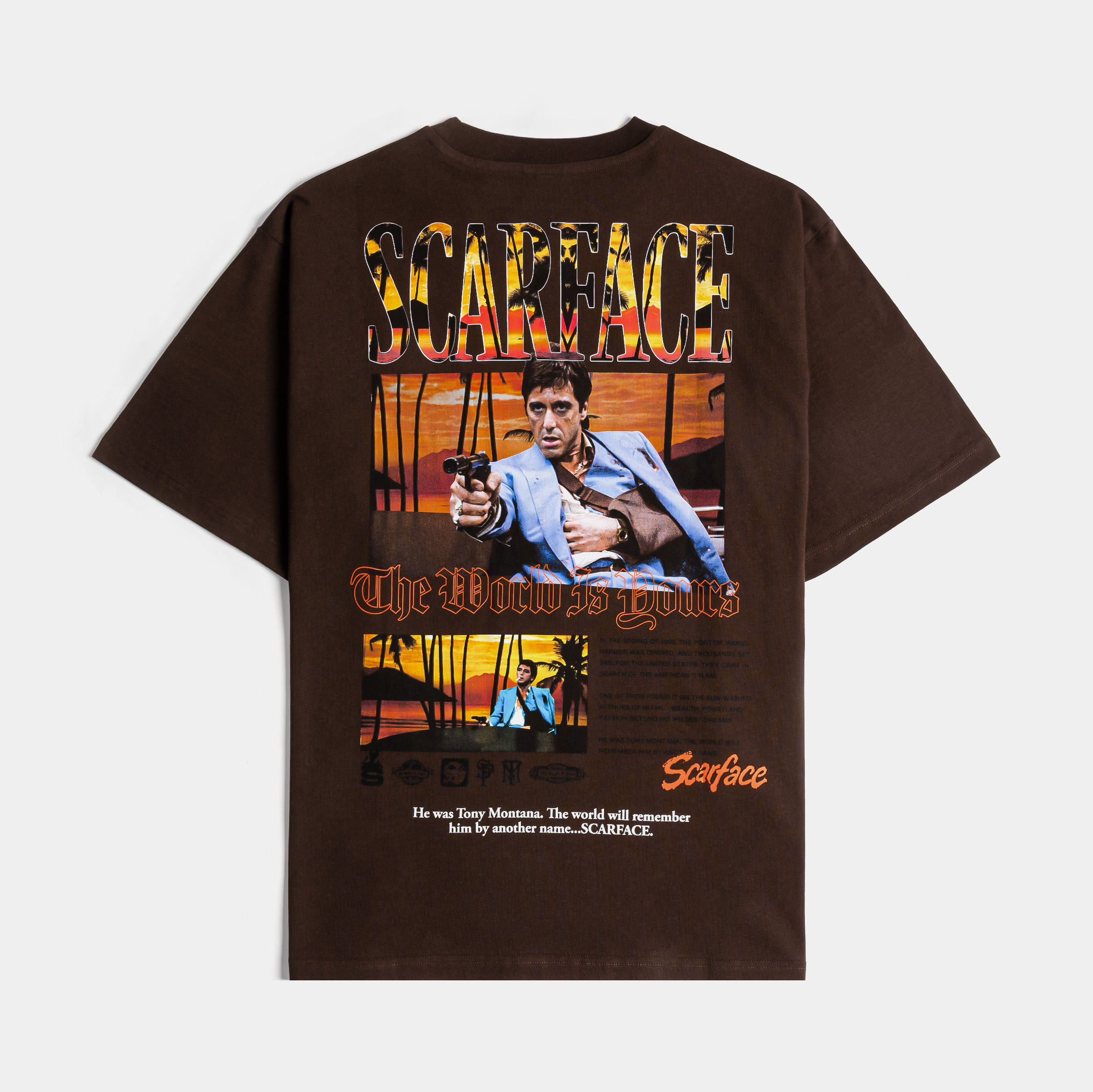 Brown t-shirt with a small logo on the front.