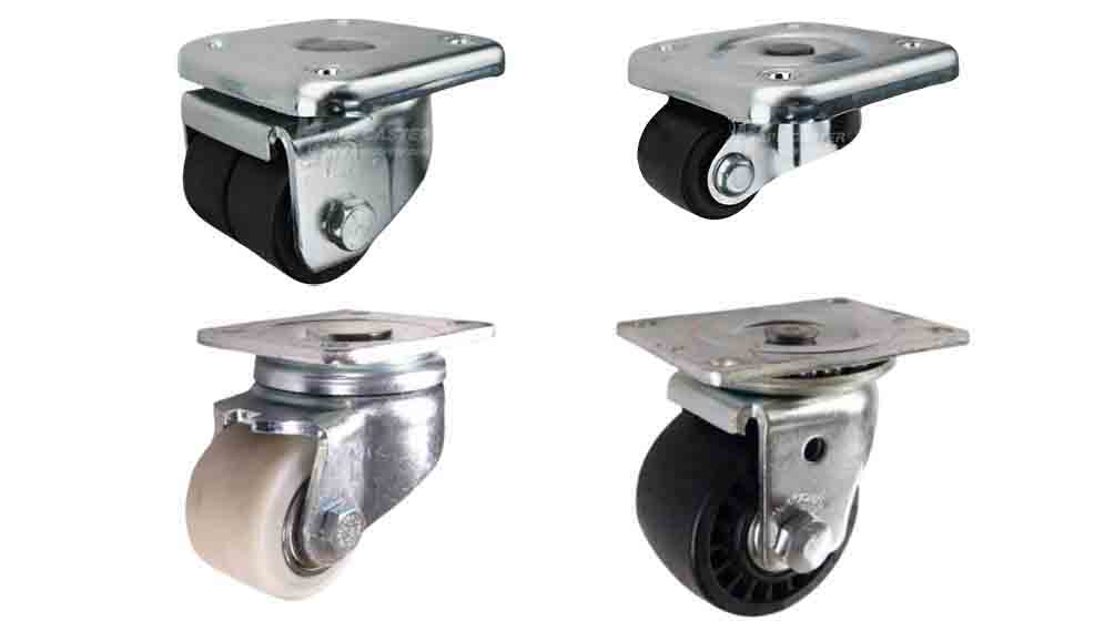 High capacities & low profile nylon plate casters, equipped with ball bearing & available in many colors.