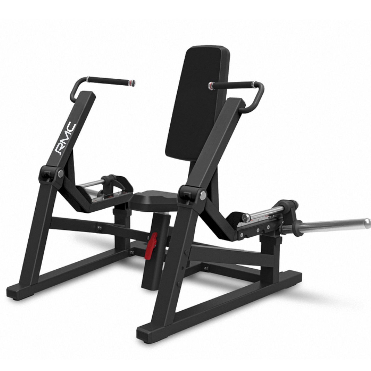 A black leg press machine with adjustable seat and handles.