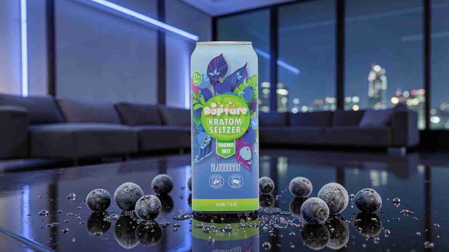 A carton of beverage with blueberries in a modern setting.