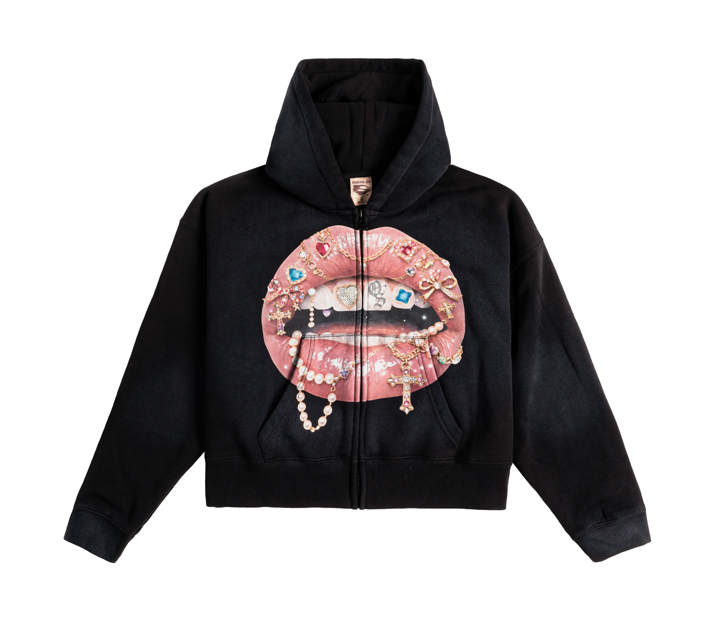 Black cropped hoodie with graphic lips design.