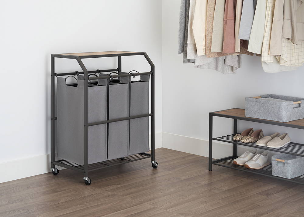 laundry cart with wheels in a closet