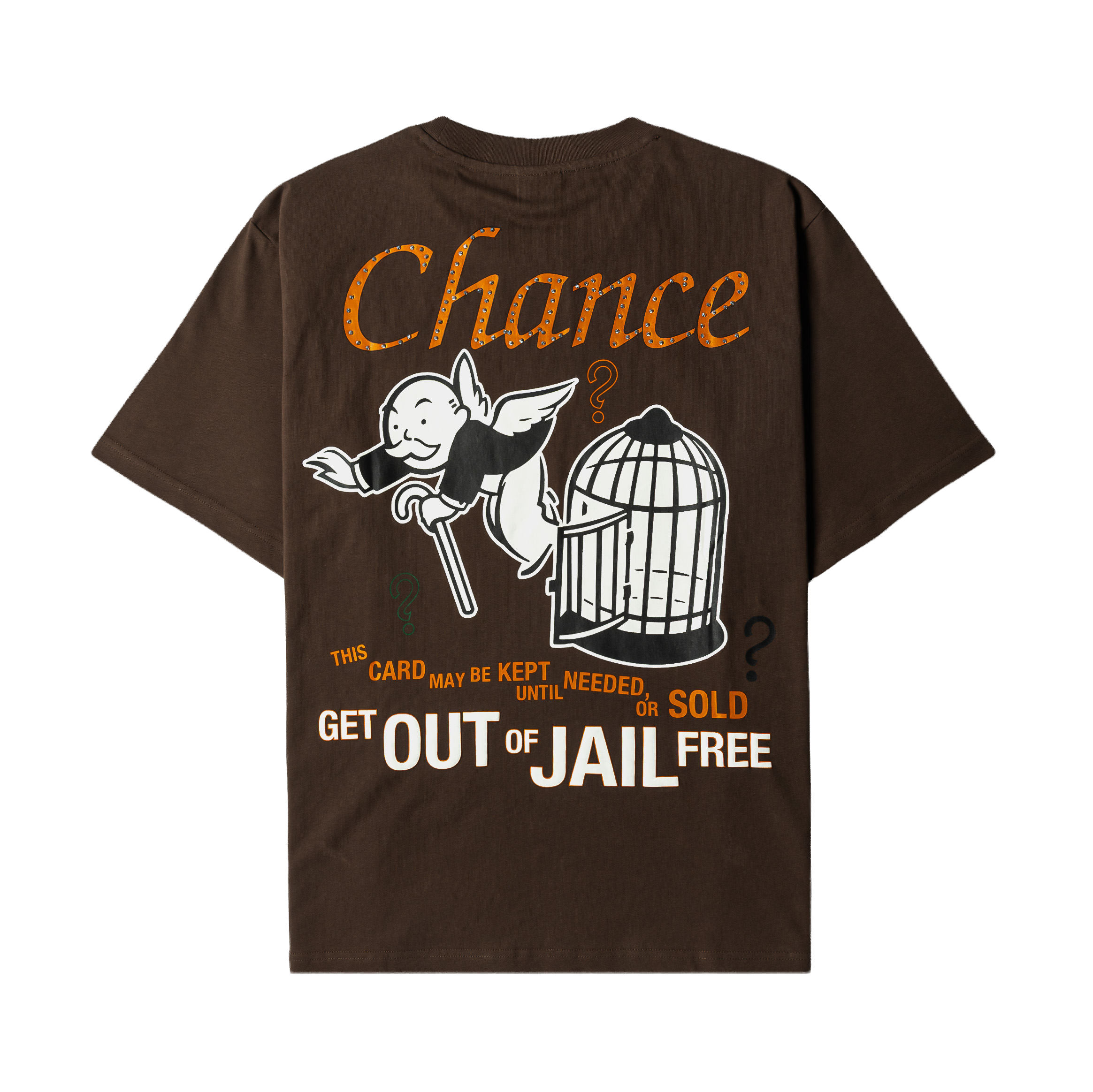 Brown t-shirt with a graphic design on the front.