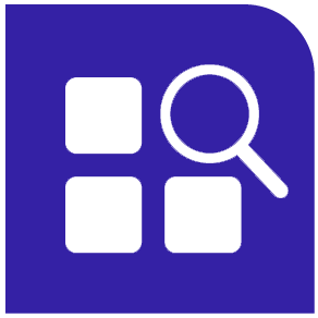 Icon featuring a magnifying glass over grid squares on a purple background.