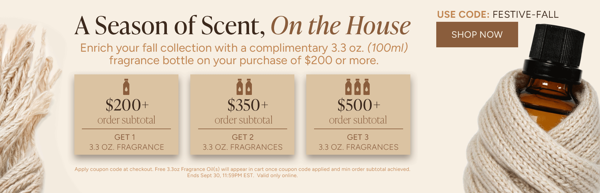 Promotional image for seasonal fragrance offers with three tiers of discounts.