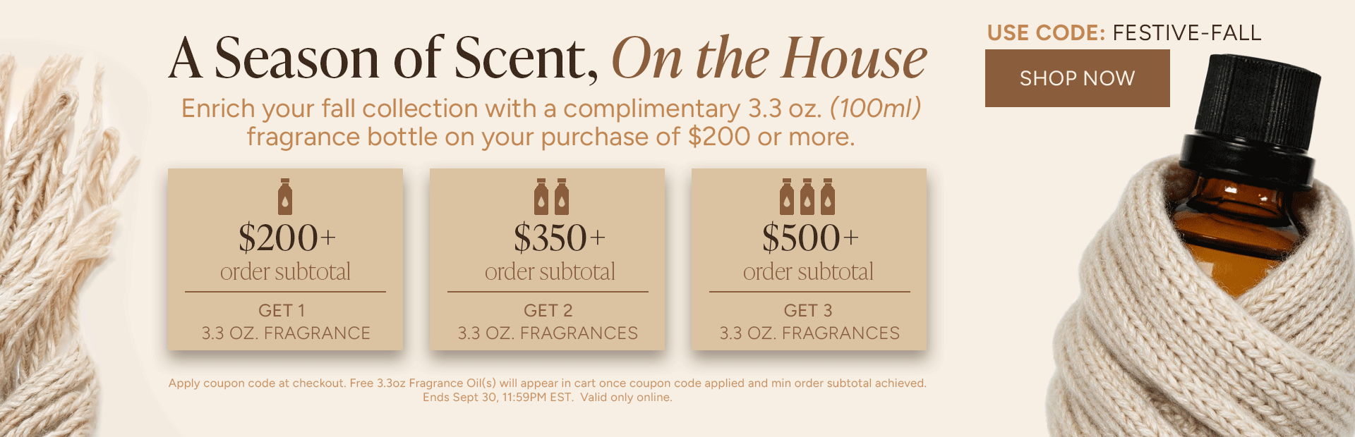 Promotional image for seasonal fragrance offers with three tiers of discounts.