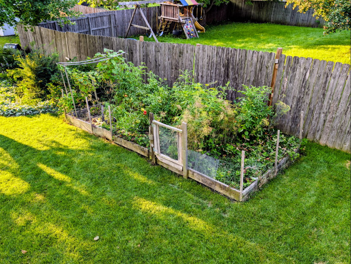 Aerial view of a garden with wooden fence in a grassy yard.