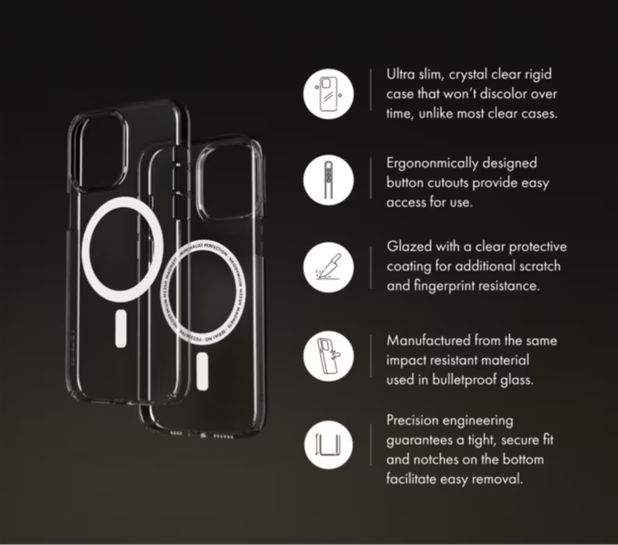 Infographic showcasing Lucid Clear case features: Ultra slim, crystal clear rigid case that won’t discolor over time, unlike most clear cases. Ergononmically designed button cutouts provide easy access for use. Glazed with a clear protective coating for additional scratch and fingerprint resistance. Manufactured from the same impact resistant material used in bulletproof glass. Precision engineering guarantees a tight, secure fit and notches on the bottom facilitate easy removal.