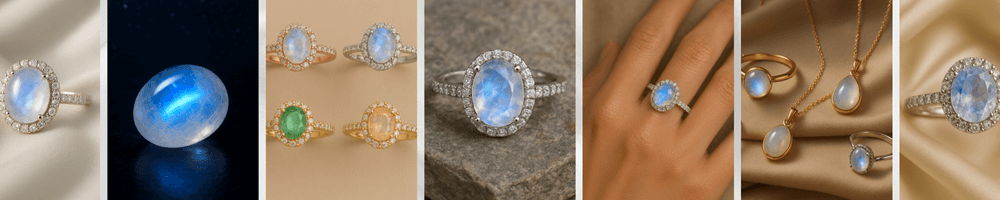 banner for moonstone jewelry guide with rings and gemstones on fabric background