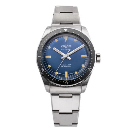 Silver wristwatch with blue dial and stainless steel bracelet.