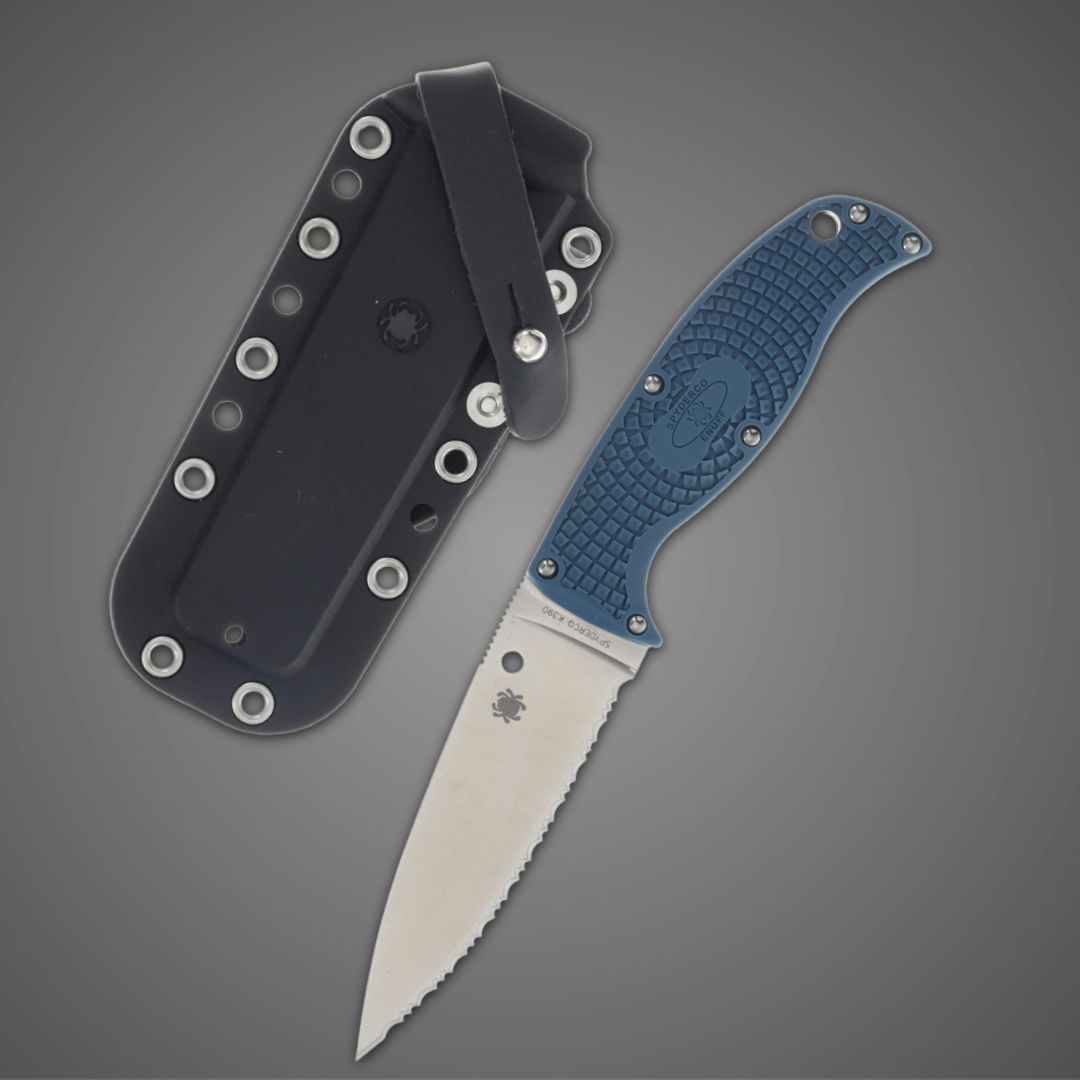 A blue folding knife beside a black sheath on a gray background.
