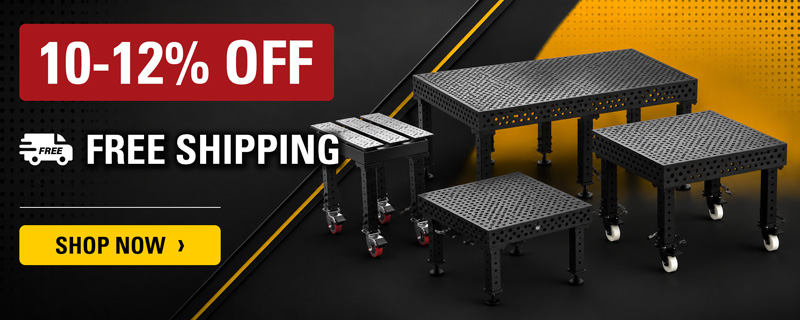 Promotional image featuring tables with discounts and free shipping offer.